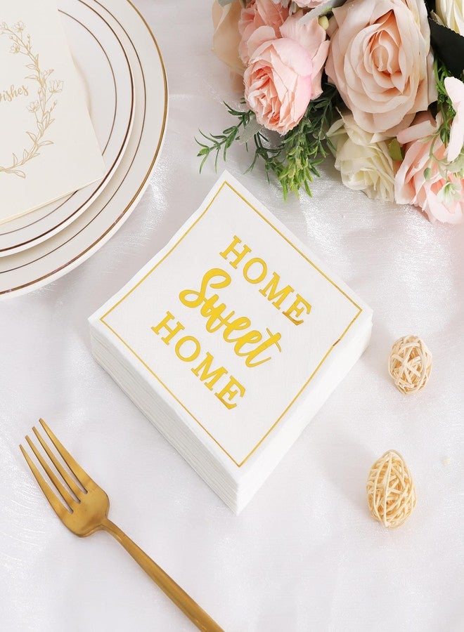 Vuzvuv 50 Pack Housewarming Party Decorations Cocktail Napkins - Home Sweet Home Disposable Paper Hand Napkins for Gatherings Party Supplies Table Decor (5" Folded 2 Ply -Gold Foil White) - Image 4